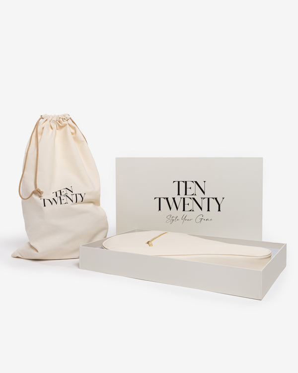 Ten Twenty Jumeirah Pearls padel racket bag in cream vegan leather presented in luxury gift box with branded dust bag