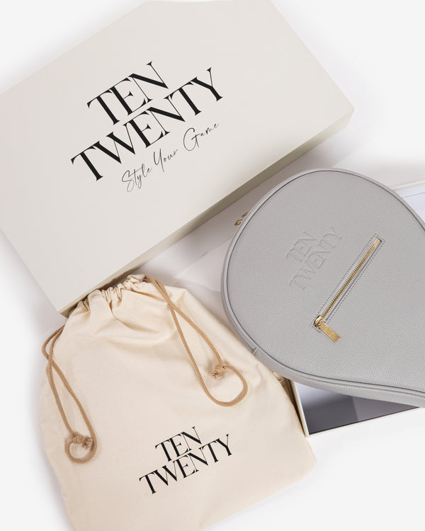 Ten Twenty Dubai Skyline padel racket bag in light grey presented in luxury gift box with branded dust bag