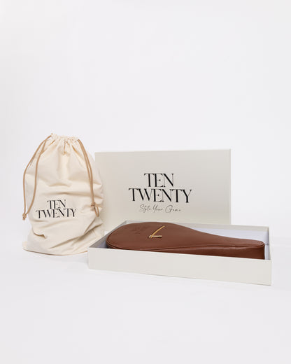 Ten Twenty Arabica Coffee padel racket bag in tan brown presented in luxury gift box with branded dust bag