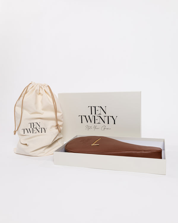 Ten Twenty Arabica Coffee padel racket bag in tan brown presented in luxury gift box with branded dust bag