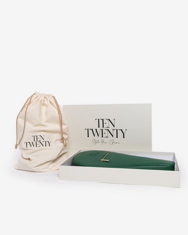 Ten Twenty Emirates Palms padel racket bag in forest green presented in luxury gift box with branded dust bag