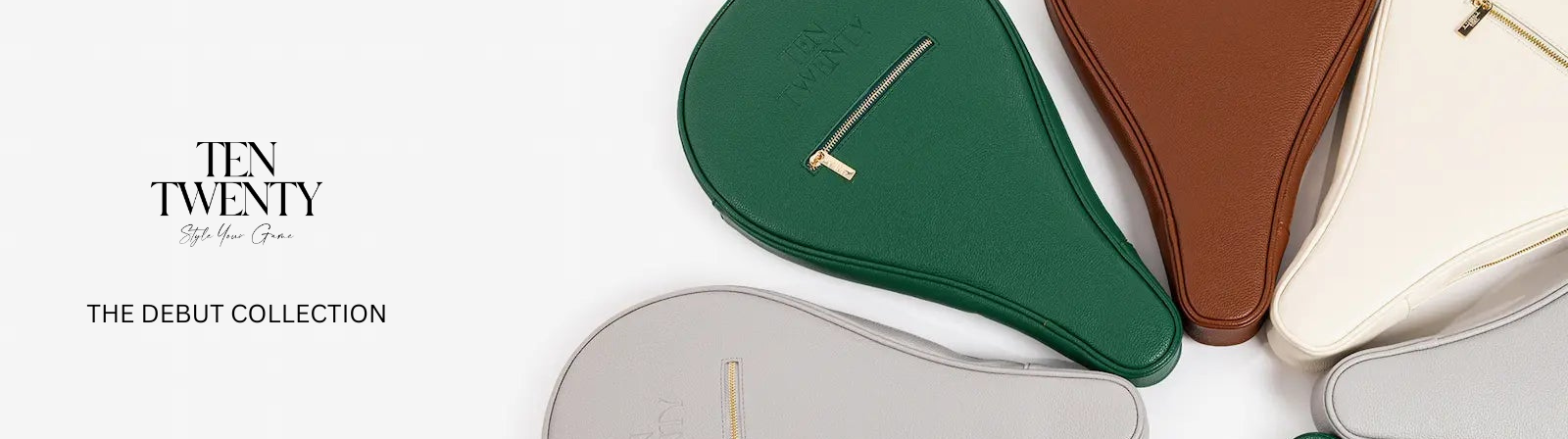 Five leather padel racket bags in different colors arranged in a circle on a white background with 'TEN TWENTY' branding.